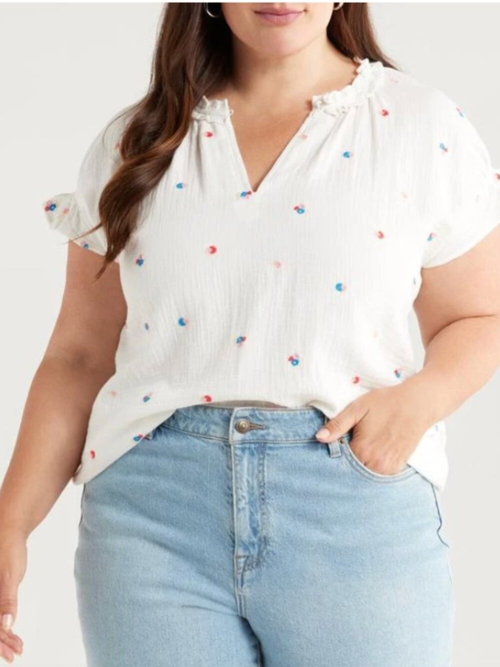 Caslon Linen Embroidered Flower Top